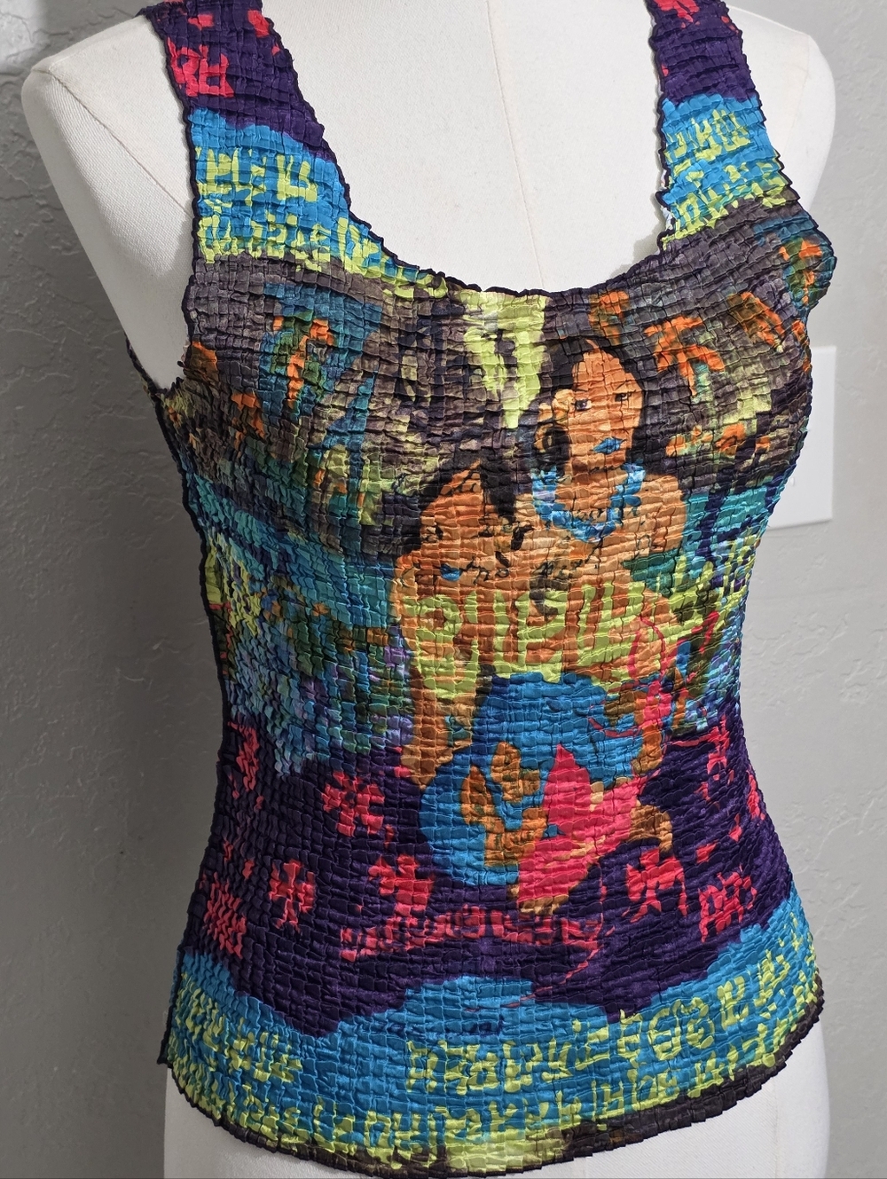 Vintage 90s Popcorn Top Gauguin Art Print Crinkle Stretch Tank Y2K Rare M - Picture 6 of 13